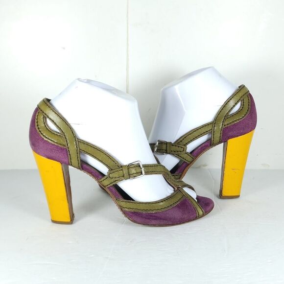 Prada Women's US6-6,5 EU37 Purple Multicolor Suede Leather Peep Toe Heels - Picture 8 of 16
